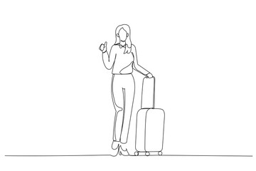 Drawing of businesswoman carrying bag holding tickets departure. Continuous line art style