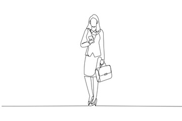 Cartoon of businesswoman in suit stops in the middle of a square to look at his smartphone. One line art style