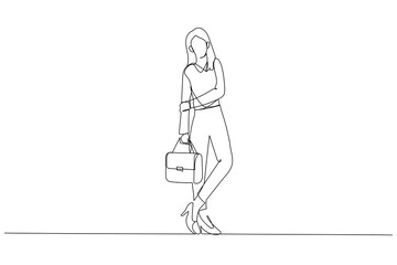 Illustration of beautiful happy businesswoman holding a bag. Single line art style
