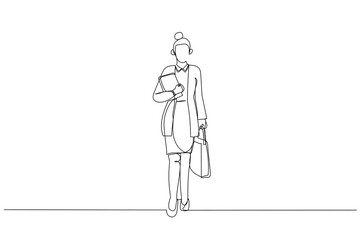 Cartoon of businesswoman walking on street. One line art style