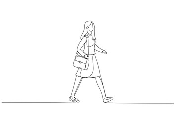 Illustration of businesswoman walking in a hurry past for business travel. Single continuous line art style
