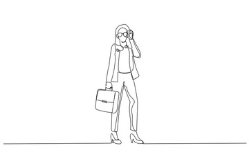 Cartoon of young businesswoman talking on the mobile phone. Single line art style