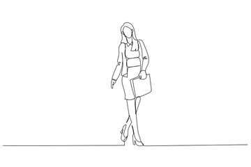 Drawing of beautiful businesswoman holding a handbag. Continuous line art