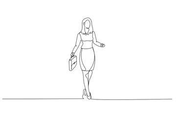 Drawing of businesswoman walking forward carrying leather bag. Single continuous line art