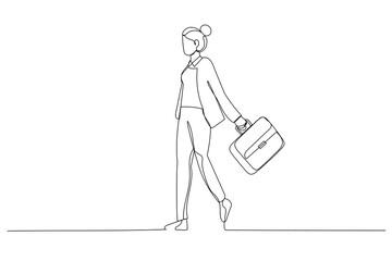 Drawing of young businesswoman crossing the street at the modern office district. Continuous line art style