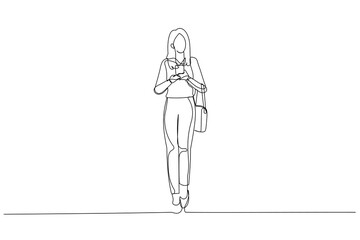 Cartoon of asian young businesswoman use smart phone while commuting in city. One continuous line art style
