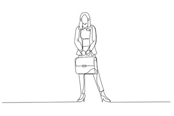 Illustration of businesswoman hold diplomat bag wear specs shirt checkered blazer trousers high heels. Single line art style