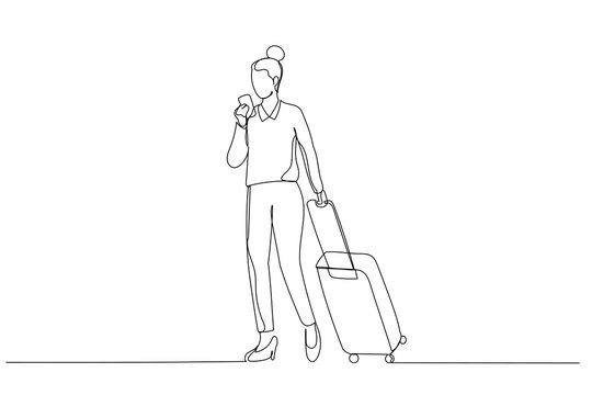 Illustration of asian businesswoman use smart phone with suitcase on her business trip. Single line art style