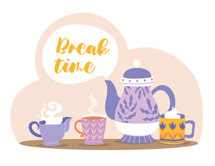 Break time concept. Kettle with mugs of hot drinks. Comfort and coziness in apartment and house. Poster or banner for website. Tasty liquid and beverage, dessert. Cartoon flat vector illustration