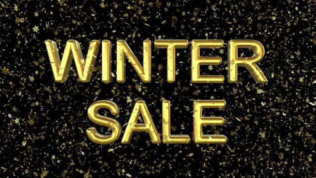 Winter sale gold text with gold snow - 3d render looped with alpha channel.