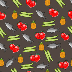 pixel pattern of food icons for proper nutrition on a dark background