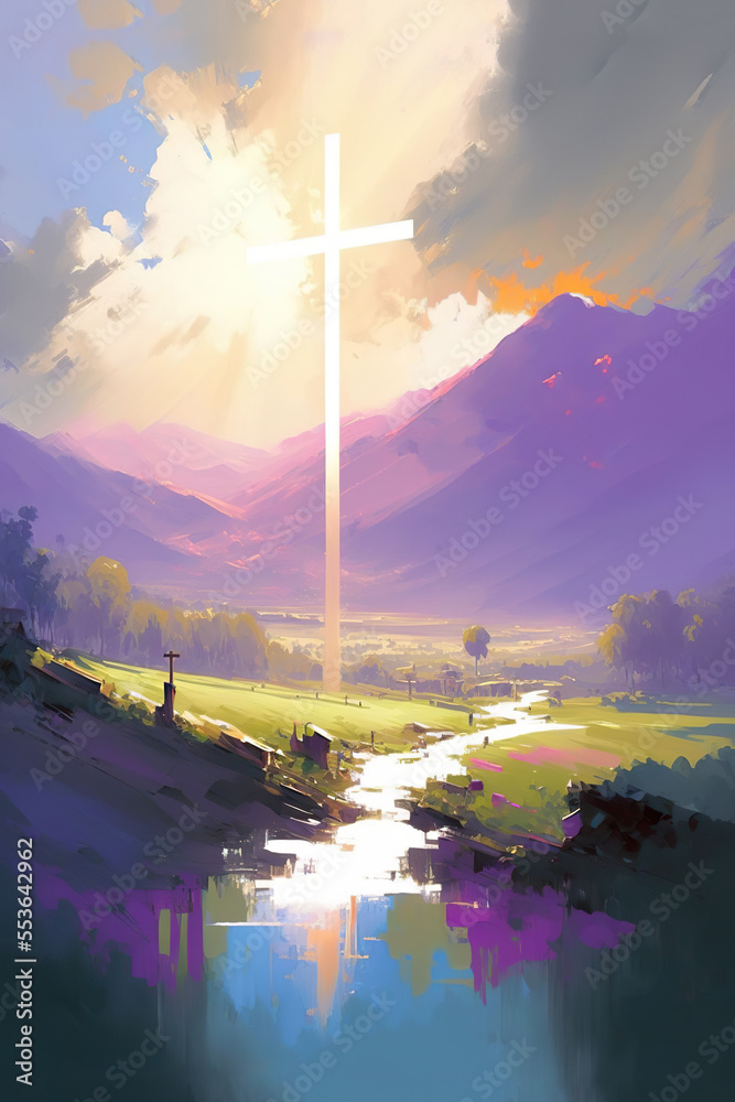 Wall mural Spiritual illustration jesus cross christianity background art crucifix god
religion artwork religious landscape biblical spirit light star sunlight 
symbolic faith holy bible church easter christmas 