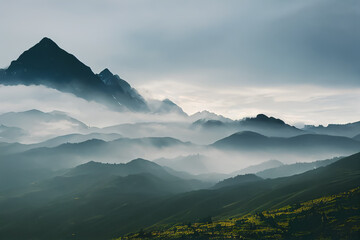 Naklejka premium Aerial view of forest in cold snowy winter season with mountains in clouds and fog in the background, majestic, future looking, macro perspective image, generate ai. 
