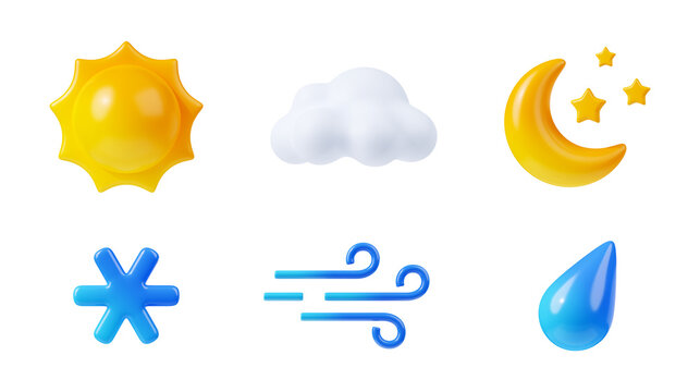 3d render weather icons set, sun shining, white cloud, wind blow, snowflake, raindrop and crescent with stars. Climate elements for app or web design. Cartoon illustration in plastic minimal style