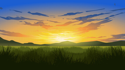 Early morning sunrise over meadow with grass in silhouette