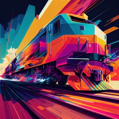  a train is traveling down the tracks with colorful lines on it's side and a bright sky in the background. Generative AI