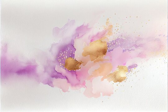  A Painting With Gold And Purple Paint Splatters On It's Surface And A White Background With A Gold Foil Border.