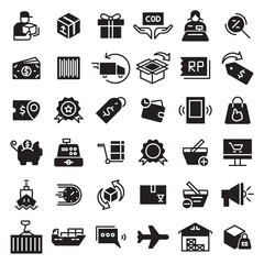A set pack ( 36 ) icon in Glyph style..
This set related to website store and e-commerce. Symbols such as store object, payment method and shipping are included in this set.