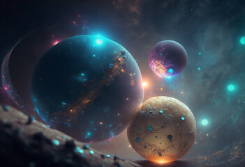 Plakat celestial bodies mix with planets and milky ways, ultra realistic, unreal engine, digital art. Generative AI 