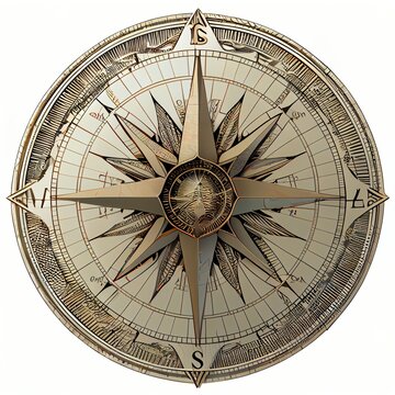  a compass is shown in a circular shape with a white background and a gold border around it. generative ai