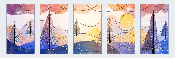 Abstract winter landscape. Set of winter backgrounds for social media stories. Vertical banner and wallpaper for phone.