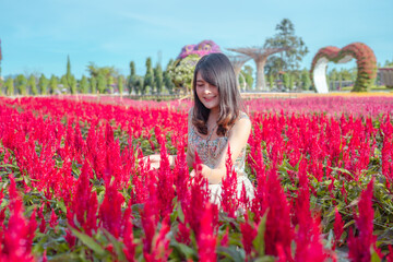 Obraz na płótnie Canvas Young beautiful smiling Asia woman enjoying summer in colorful blooming flower field at sunset ,Taking pictures in a flower farm.