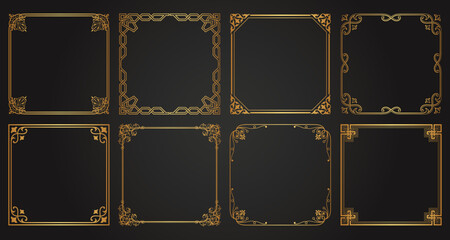 Luxury decorative golden vintage frames and borders. Retro ornamental frame square ornaments. Wedding frames, invitation cards, menus, picture borders, or deco dividers. Isolated icons vector set