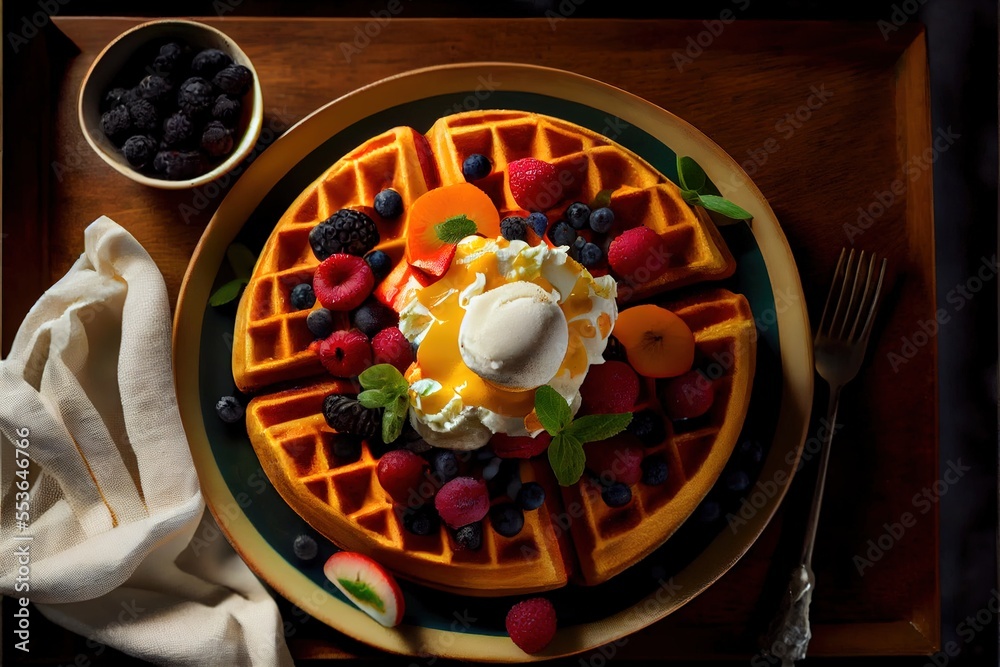 Poster  a plate of waffles with fruit and ice cream on top of it next to a bowl of berries. Generative AI