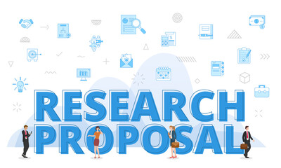 research proposal concept with big words and people surrounded by related icon spreading with modern blue color style