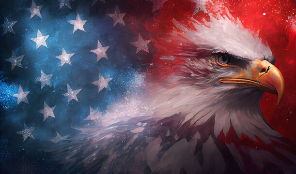 Bald eagle American flag in the wind stars and strips patriotic symbol of strength unity background banner, text, generative ai