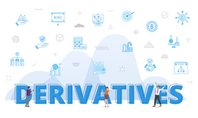 derivatives concept with big words and people surrounded by related icon spreading with modern blue color style