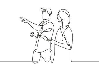 Business Concept Continuous One Line Drawing with Woman and Man Talking. Business People One Line Illustration. Meeting in Office Line Abstract Minimalist Contour Drawing. Vector EPS 10