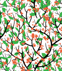 Fototapeta na wymiar Branches with foliage and blooming, seamless pattern vector