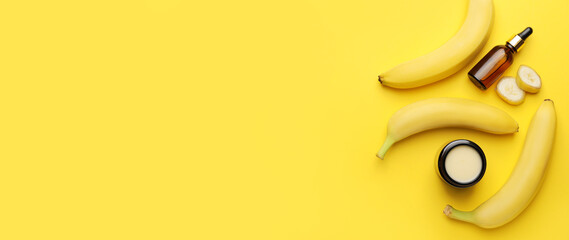 Natural banana cosmetics on yellow background with space for text