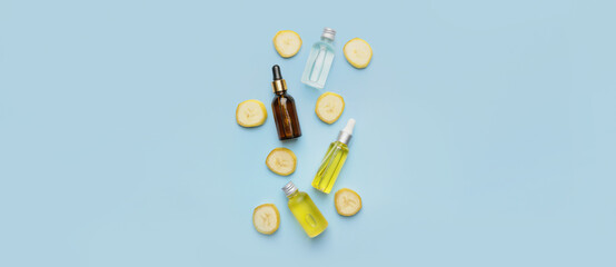 Natural banana essential oil on light blue background