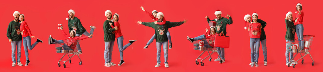 Set of young couple in stylish Christmas sweaters and with shopping cart on red background