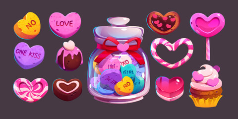 Valentine day sweets and pastry desserts. Conversation love candy with romantic messages, cupcake, hearts lollipop and cookies, festive sugar food, Cartoon vector illustration, isolated icons set