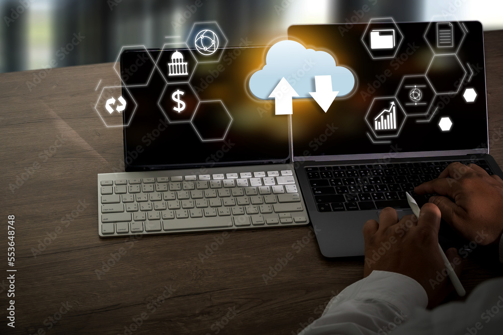 Poster cloud technology man use laptop technology load cloud computing internet to networking communication