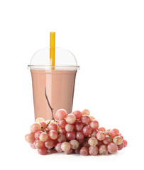 Plastic cup of tasty bubble tea with grapes on white background