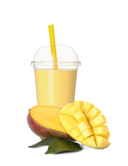Plastic cup of tasty bubble tea with mango on white background
