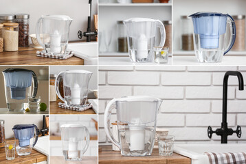 Collage of water filter pitchers on table in kitchen