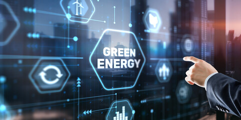 Fototapeta na wymiar Businessman clicks Green eco energy icons. Reducing environmental risks
