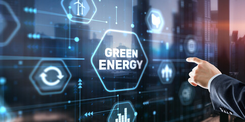 Businessman clicks Green eco energy icons. Reducing environmental risks