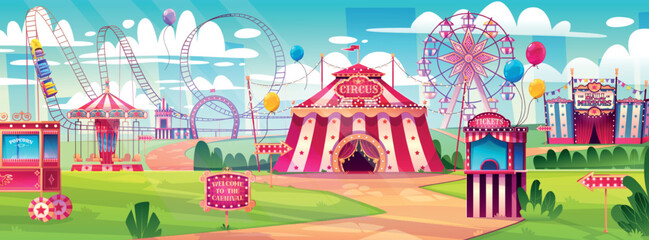 Amusement park, carnival, funfair with circus tent, roller coaster, carousel and ferris wheel, hall of mirrors and ticket booth. Summer scene with attractions and balloons, Cartoon vector illustration