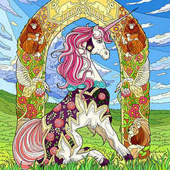 illustration of a unicorn in the park during the day 
