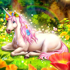 illustration of a unicorn sitting in the garden 