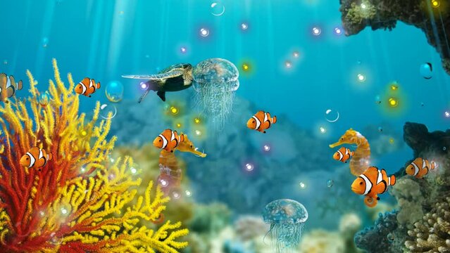 Love and Life in coral with seahorse underwater
