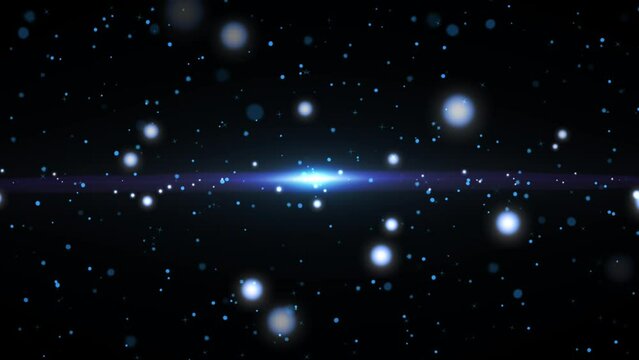 Stars fly past viewer on clouds and gas backdrop in space