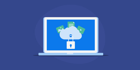 Online documents with cloud and padlock on laptop screen, secure cloud storage concept flat design banner.