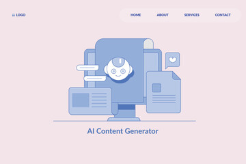 Artificial intelligence robot generates content for internet, robot face on pc screen with web documents flat design outline banner. - obrazy, fototapety, plakaty